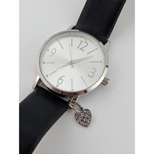 Accutime Watch Women 34mm Silver Case Heart Charm Black Band- New Battery
